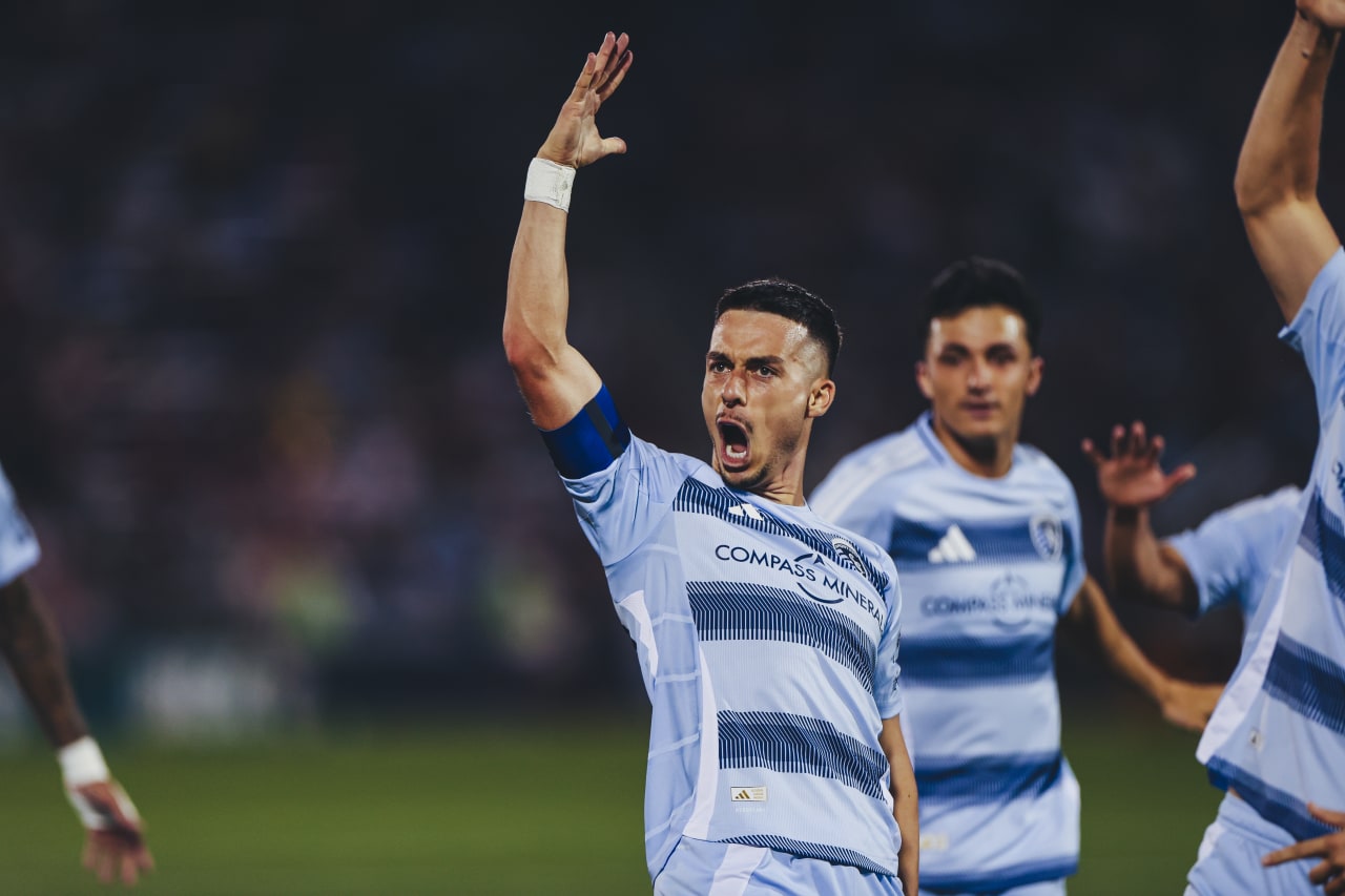 Sporting KC forward Erik Thommy celebrates after scoring against Colorado
