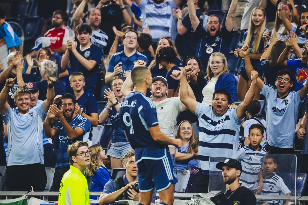 Sporting KC forward Dejan Joveljic celebrates after completing his brace on Saturday.